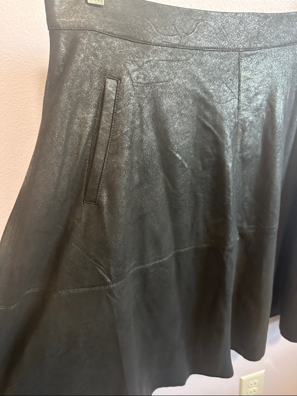 Women's Black Faux Leather A-Line Skirt - Picture 2 of 8